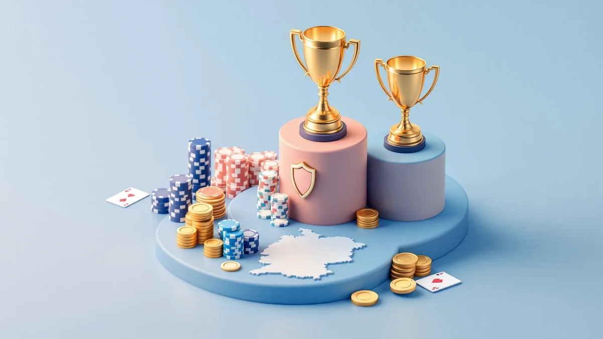 Siegerpodium mit Casino-Chips und Karten als Symbol für den Online Casino Deutschland Test 2026
