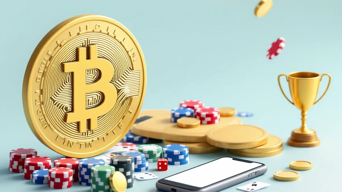 Bitcoin-Münze mit Casino-Chips, Karten und Würfeln auf einem Spieltisch als Symbol für den Bitcoin Casino Test