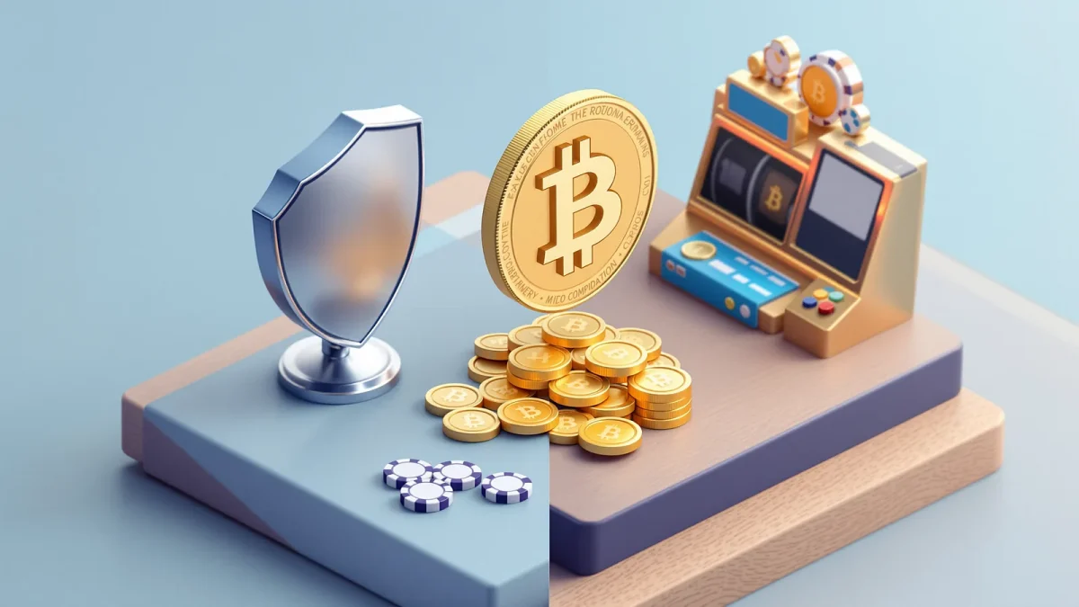 Schild mit Deutschland-Umriss neben Bitcoin-Münze und Chips, Vergleich von GGL-Casino und Bitcoin Casino