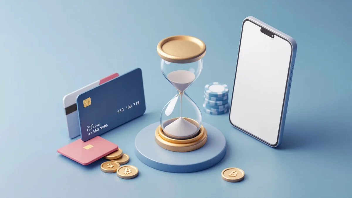 Bankkarte, Münzen und Sanduhr stehen für Ein- und Auszahlung im Online Casino Test