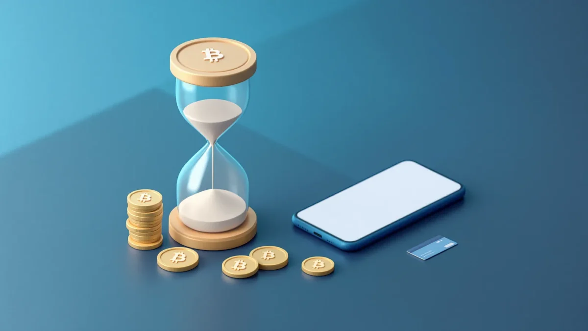 Sanduhr neben Bitcoin-Münzen und Smartphone als Sinnbild für die Auszahlungsdauer im Bitcoin Casino