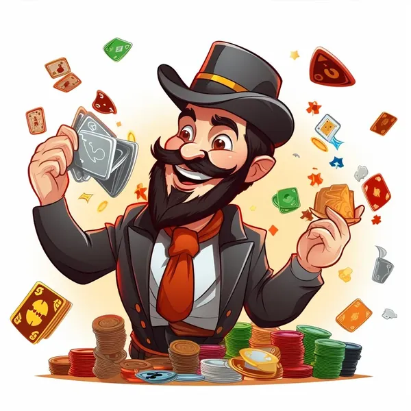 Maskottchen von Casino Test Deutschland mit Spielkarten und Casino-Chips